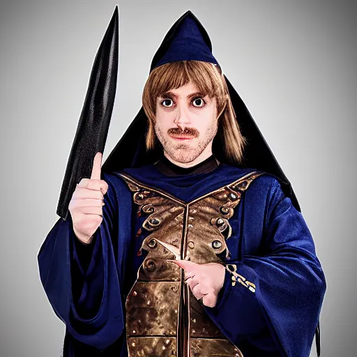 Image similar to a photorealistic male wearing wizard outfit, sharp focus, photograph