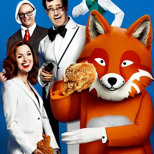 Image similar to comedy movie poster featuring an anthropomorphic fox wearing a white suit, fried chicken in the background, promotional media