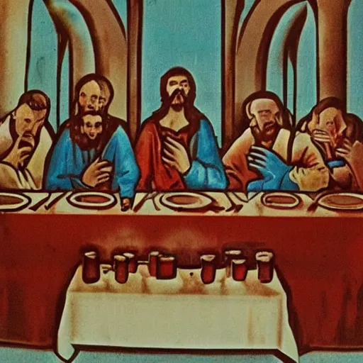 Image similar to a World War II Russian Soviet propaganda poster of The Last Supper