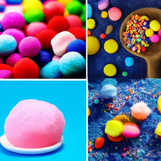 Image similar to !dream A world made entirely of candy, where the sky is a deep blue and the sun is a giant marshmallow. The ground is soft and bouncy like cotton candy, and every creature is some kind of dessert. Multi-compositional image with food photography.