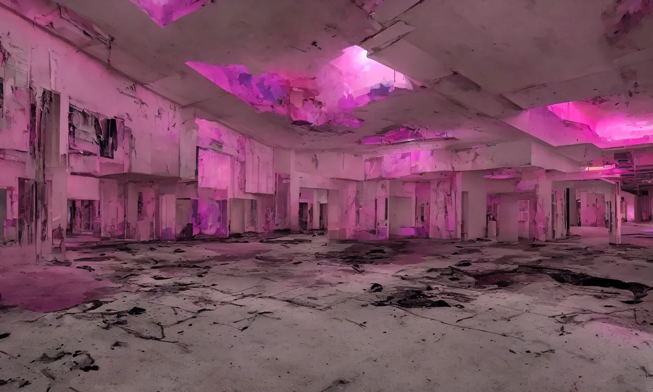 Prompt: backrooms abandoned mall, ominous neon pink and purple vaporwave lighting, moldy walls and shallow water, shadowy tall figures in the distance