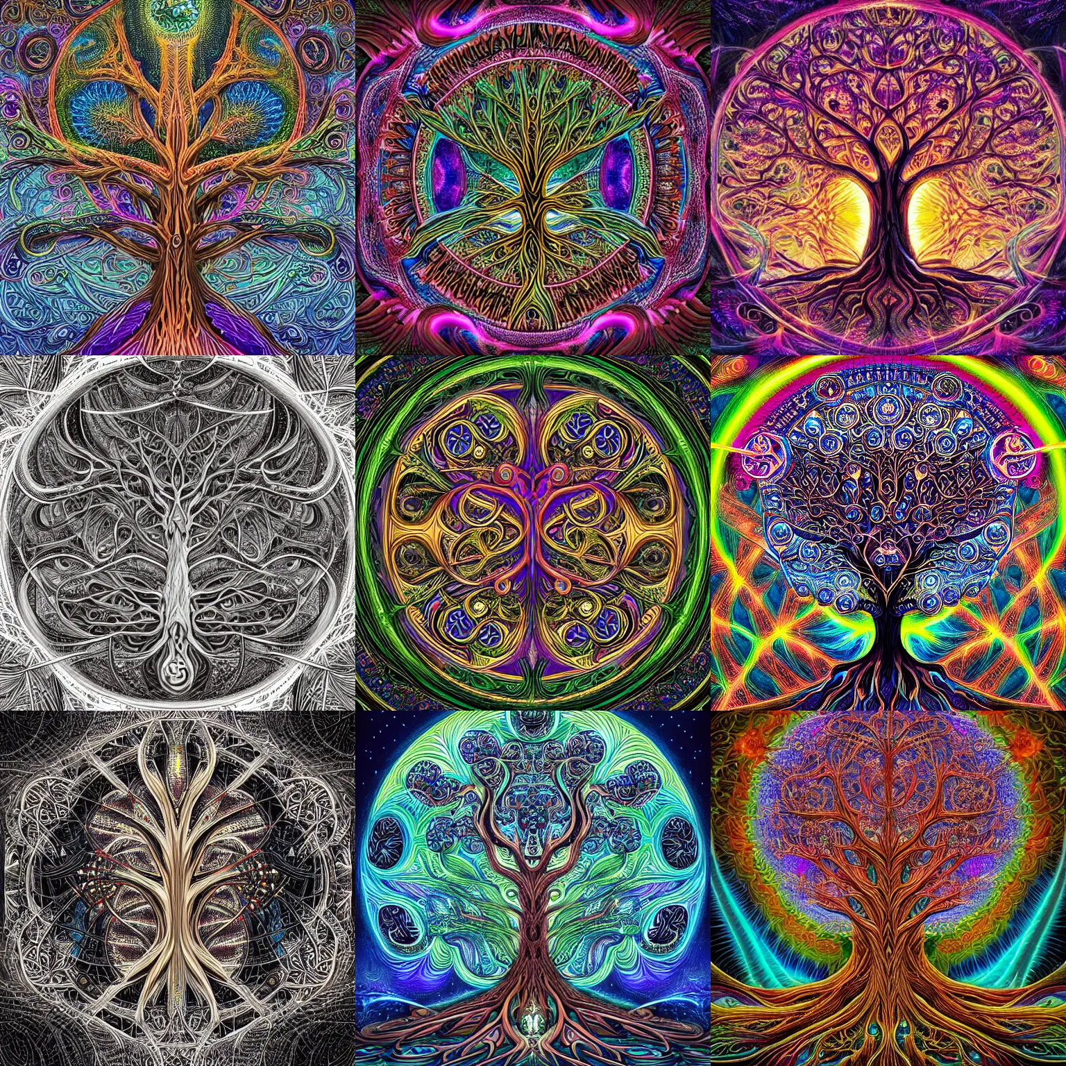Prompt: a intricate ornate psychedelic image of a tree of life, digital art by felix kelly, alex grey, dan mumford, artgerm, psychedelic art, psychedelic, fractalism, fractals, sacred geometry, artstation, detailed, art, hyper realism, hyper detailed, cgsociety, ue 5, hd, 3 d