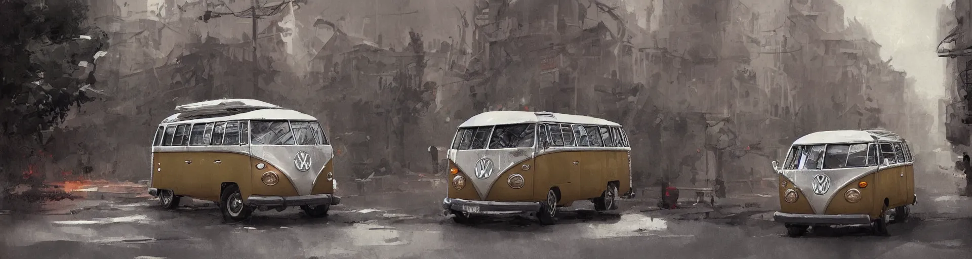 Prompt: vw bus on a street, illustration by greg rutkowski