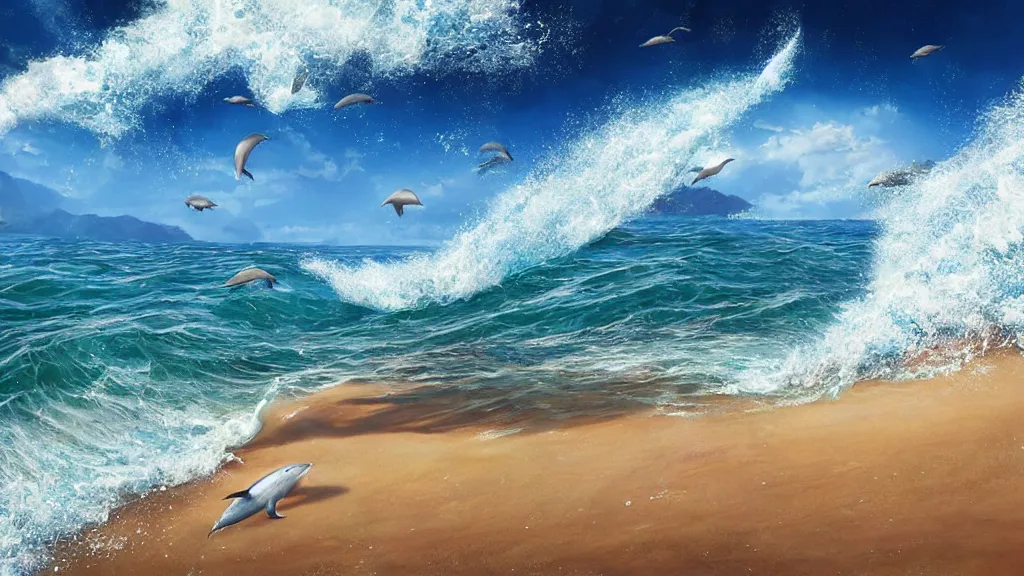 Prompt: first person view of breaking waves on the shore, summer, clear beautiful sky, bright sky, dolphins 🐬 jumping and playing near the shore, peaceful, amazing, by andreas rocha and john howe, and Martin Johnson Heade, featured on artstation, featured on behance, golden ratio, ultrawide angle, f32, well composed