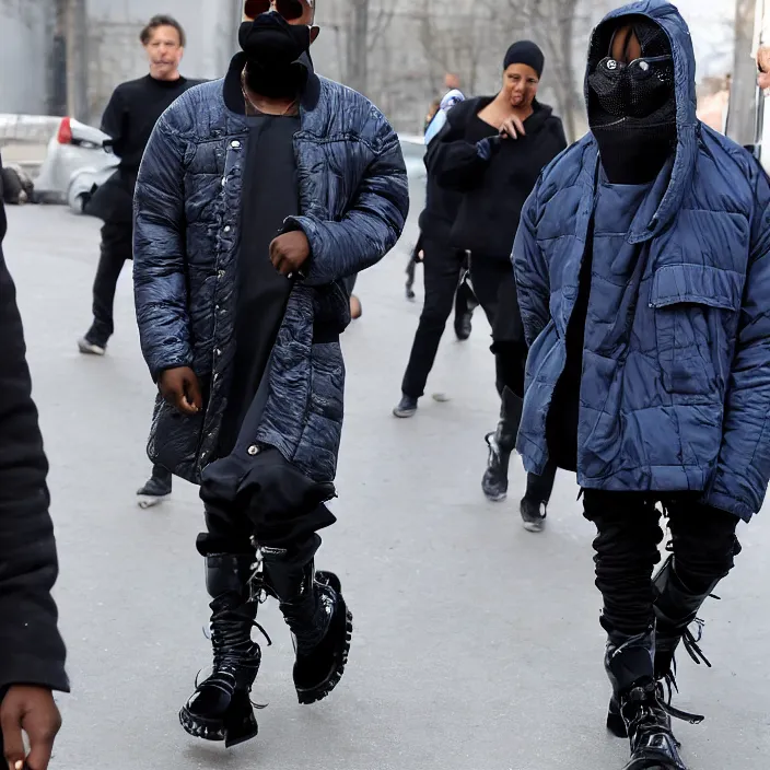 Image similar to kanye west using a face covering black mask with small little holes, a blue round puffer jacket and big black rubber boots,