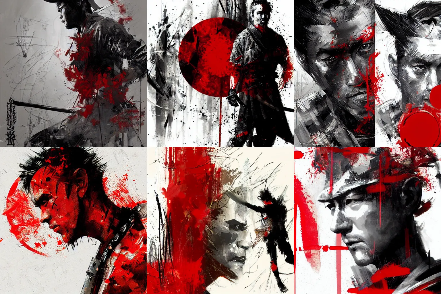 Prompt: artwork by Russ Mills and Craig Mullins showing a samurai in front of a red circle
