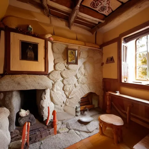 Prompt: photo of interior of fairytale cottage, english and japanese, cozy stone cottage