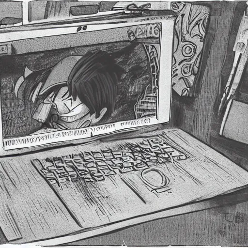 Image similar to luffy working in his laptop top