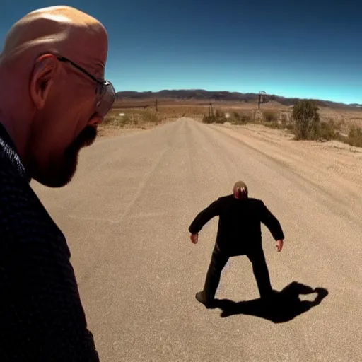 Image similar to pov of a man fighting walter white, first person view, realistic, street fight