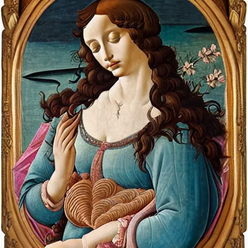 Image similar to an ultradetailed mythological oil painting of a beautiful woman with long brown hair, full body, wearing pink floral chiton, sleeping on a giant scallop shell, near the seashore, intricate lines, elegant, renaissance style, by sandro botticelli