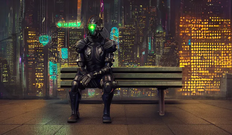 Prompt: neon cyberpunk knight armor sitting on a bench in the middle of a cyberpunk city alone, close shot, 8k, cinematic, epic, ultra detailed, award winning, trending on artstationHD, dramatic