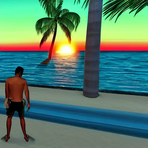 Prompt: miami beach with beautiful sunset, Gta vice city style, ps2 style