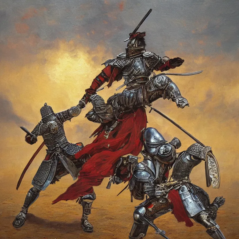 Image similar to a oil paniting of an Knight/samurai in a battle ready pose in the style of Jean Giraud detailed realistic High Resolution HD 8k in color