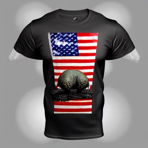 Image similar to a 3d design of a black t-shirt, armadillo patriot potus, modern art placed in a large living room, superrealism 3d 8k resolution