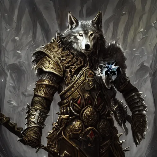 Image similar to Wolf, Anthropomorphized, as warlord general on skull throne, magic the gathering artwork, D&D, fantasy, cinematic lighting, centered, symmetrical, highly detailed, digital painting, artstation, concept art, smooth, sharp focus, illustration, volumetric lighting, epic Composition, 8k, art by Akihiko Yoshida and Greg Rutkowski and Craig Mullins, heroic pose, oil painting, cgsociety, Battlefield background, explosions, arrows