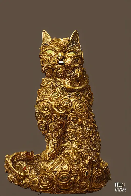 Prompt: a cinematic view of a ornated intricate cat goddess statue made by hedi xandt, realistic, macabre art, stained dried cracked skin, using gold ornaments detailed image