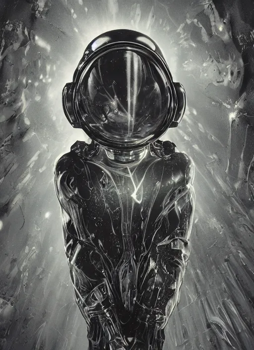 Prompt: astronauts in dark minimalists underwater void - hyperdetailed suit. reflection and dispersion materials. rays and dispersion of light. volumetric light. 5 0 mm, f / 3 2. noise film photo. flash photography. ultra realistic, wide angle. poster by wayne barlowe, hajime sorayama aaron horkey, craig mullins. dark key.