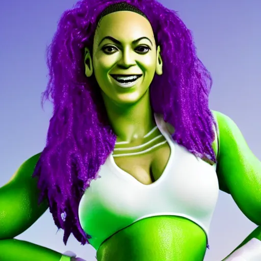 Prompt: Singer Beyoncé as She-Hulk with green skin, white leotard with two purple vertical stripes, green skinned, wearing purple and white fingerless gloves, wearing purple and white sneakers, mini skirt, smiling, photorealistic, sports illustrated, detailed legs, hyperreal, surreal, bokeh, tilt shift photography, green arms, green legs, green face,