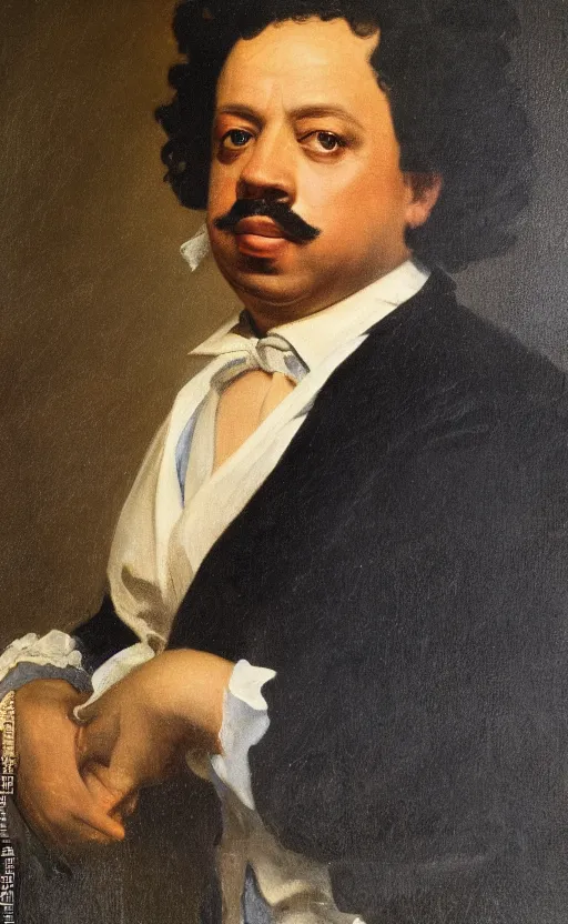 Image similar to Portrait of Alexandre Dumas, oil on canvas, highly detailed, by Delacroix, 8k