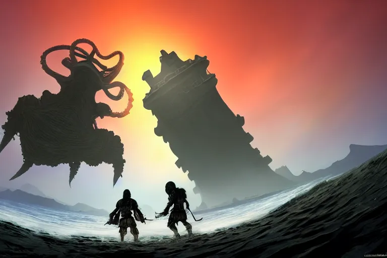 Image similar to incredible screenshot of shadow of the colossus on PS5, blinding red orange sky, dynamic camera angle, deep 3 point perspective, fish eye, dynamic extreme foreshortening of wander reaching the top of an electric squid octopus Colossus, huge ocean waves, by phil hale, ashley wood, geoff darrow, james jean, 8k, hd, high resolution print