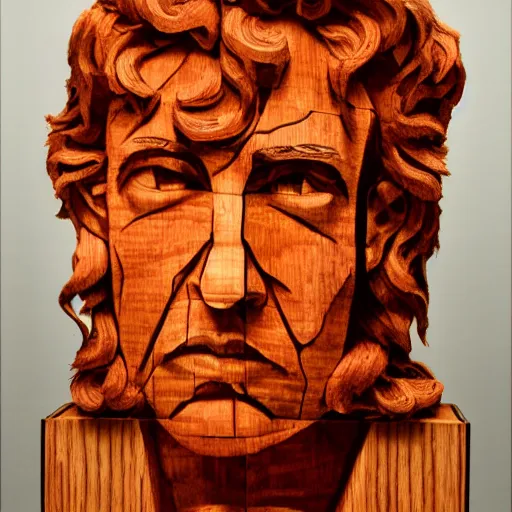 Image similar to accurate portrait of a bob dylan, symmetrical face, carved out of red oak wood on a pedestal by stephan balkenhol, geometric, dramatic lighting, artsy, 8 k