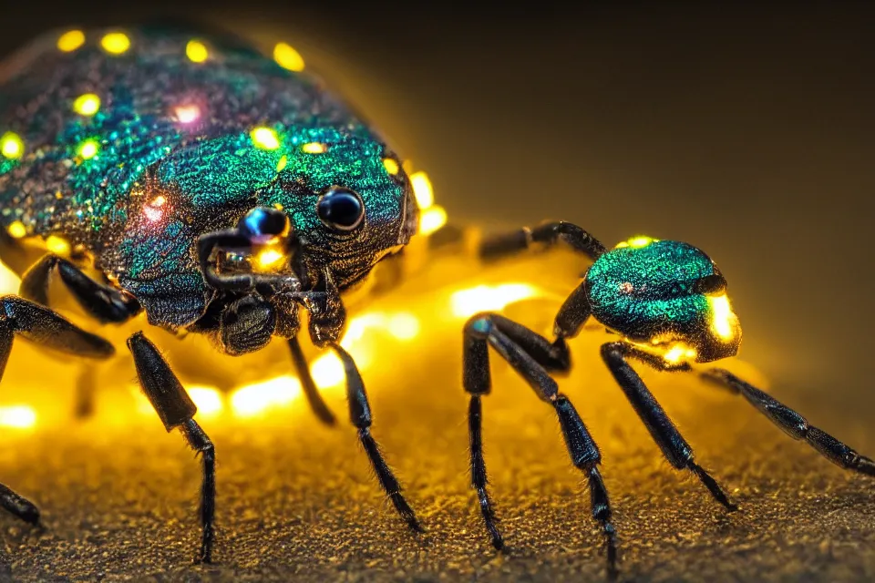 Image similar to close-up of a glowing insect at night, 4k, HD photography