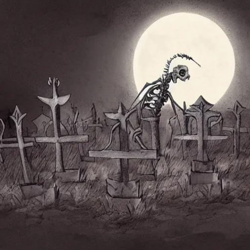 Image similar to skeletal being clawing its way out of a shallow grave, moonlit graveyard, horror, ancient lighting, concept art