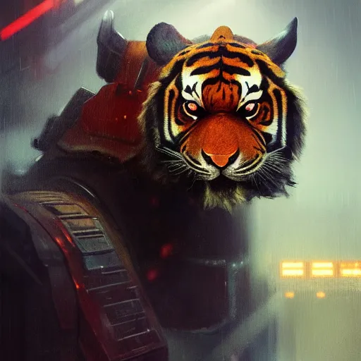 Prompt: hyperrealistic portrait of an athropomorphic tiger wearing heavy combat red - blue armor, bladerunner street, art of elysium by jeremy mann and alphonse mucha, fantasy art, photo realistic, dynamic lighting, artstation, poster, volumetric lighting, very detailed face, 4 k, award winning, cinematic lighting, deviantart, artstation, cg society