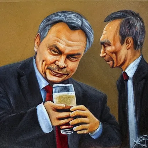 Image similar to viktor orban drinking beer with putin, anatomically correct, oil painting, highly detailed