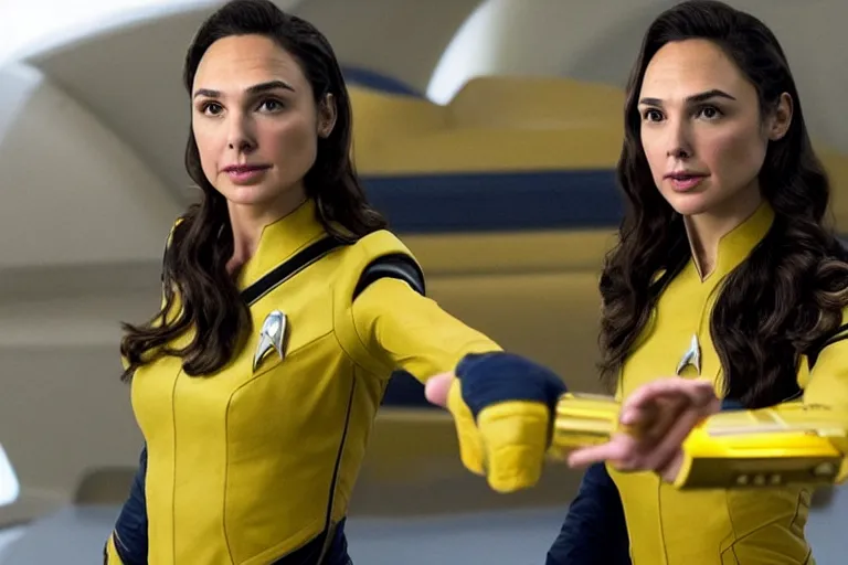 Image similar to Gal Gadot, wearing a yellow uniform, is the captain of the starship Enterprise in the new Star Trek movie