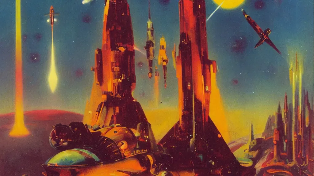 Image similar to rocket design by paul lehr and jack gaughan and john schoenherr, cinematic matte painting