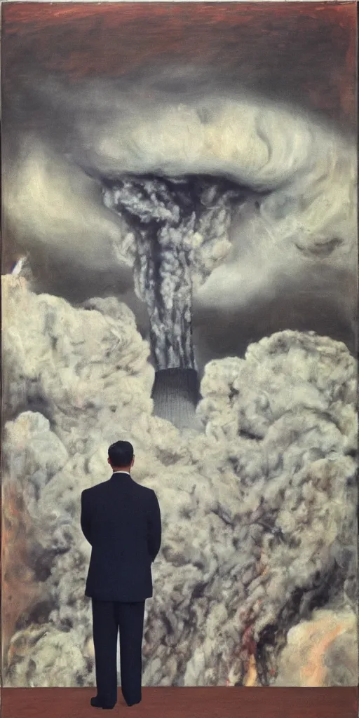 Image similar to United States President viewing the destruction of the Capital, Nuclear Cloud, 1958, Oil on Canvas, Antiwar, full body