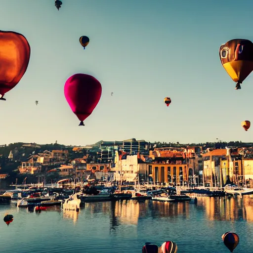 Image similar to photo of a lot of birthday balloons floating above a beautiful maritime port. sharp focus, highly - detailed, award - winning, epic cinematic