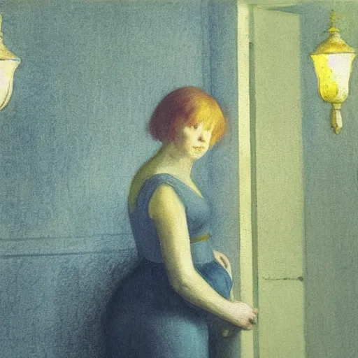 Image similar to close up of a girl in a blue and gold haunted liminal abandoned room, watercolor by hammershøi, art noveau, highly detailed, lights by edward hopper, liminal, eerie, bright pastel colors