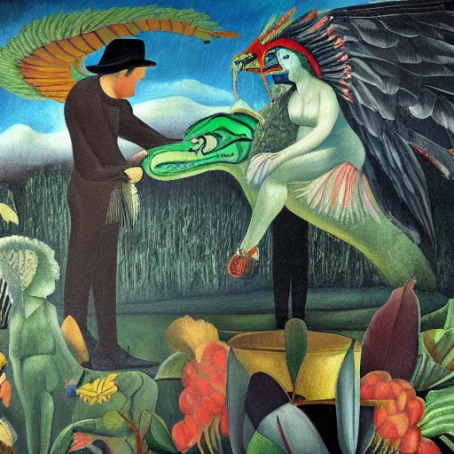 Image similar to high quality, high detail painting, renaissance, nan goldin, film noir, diego rivera, high garden scene with quetzalcoatl, hd, muted lighting