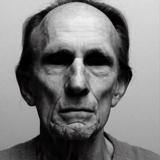 Prompt: A mugshot portrait of a old man who looks like Jerma985 with a receding hairline and short mid-length wavy hair, wearing mid-1980s menswear in the late 2008, taken in the late 1980s, grainy, realistic, hyperrealistic, very realistic, highly detailed, very detailed, extremely detailed, detailed, trending on artstation, front facing, front view, headshot and bodyshot, detailed face, very detailed face