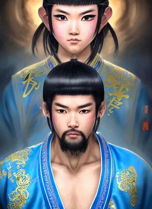 Prompt: male martial artist!! manchu queue pigtail hairstyle!!!! asian facial features and blue eyes!! intricate ornate blue robes!! character concept art, sharp focus, octane render! unreal engine 5! highly rendered!! trending on artstation!! detailed linework!! illustration by artgerm, wlop, and chie yoshii
