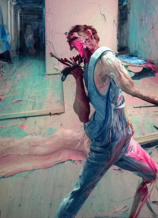 Image similar to an insane, skinny, artist wearing torn overalls, expressive emotions, painting inside a grand messy studio, depth of field, hauntingly surreal, highly detailed oil painting, by francis bacon, edward hopper, adrian ghenie, glenn brown, soft light 4 k in pink, green and blue colour palette, cinematic composition, cinematic lighting, high quality octane render, masterpiece