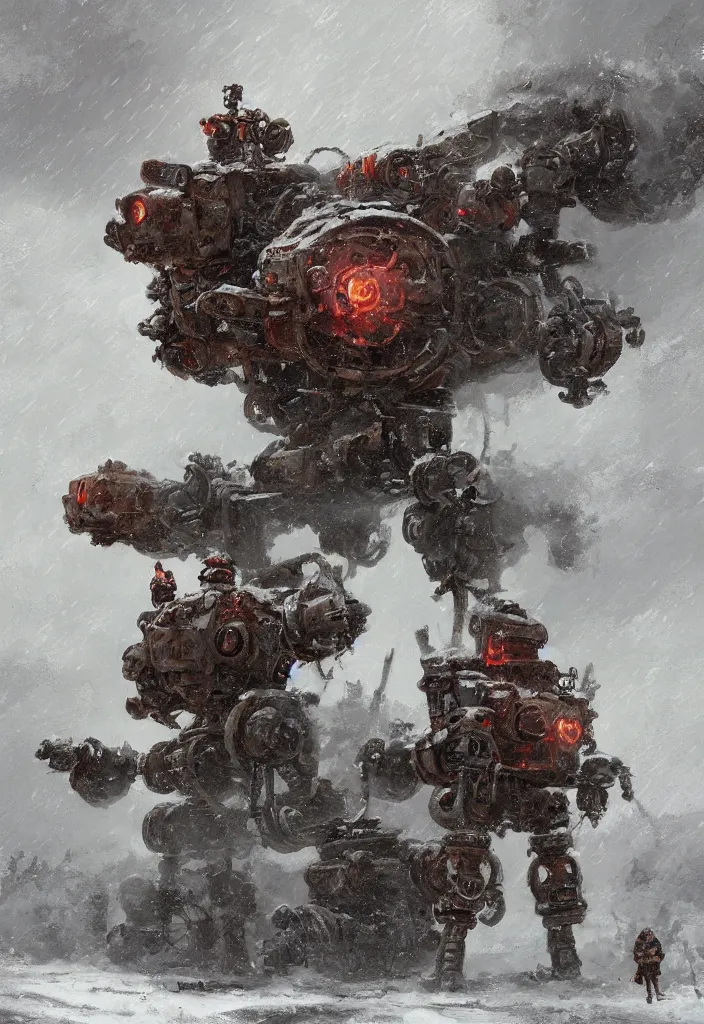 Prompt: a 1914, walking steam rusty mecha in the snow, Rozalski, trending on artstation