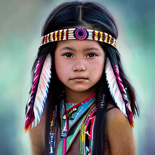 Prompt: portrait of native american 7-year-old girl with head dress in the style of artgerm, wlop, digital art, close-up, insanly detailed
