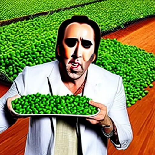 Image similar to nicolas cage with peas on his face, screaming in a wicker basket