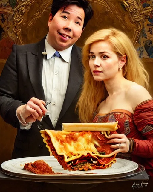 Image similar to Portrait of Michael Mcintyre & a blonde lady eating lasagna on r das flores in Porto,real life skin, intricate, elegant, highly detailed, artstation, concept art, smooth, sharp focus, art by artgerm and greg rutkowski and alphonse mucha