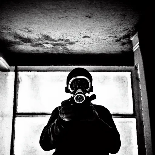 Image similar to A misterious man wearing a gas mask is standing on the midle of a stair hallway looking in the direction of the camera, the man is using a turned on flashlight to look for survivors :: Ruined city with vegetation growing from the distroyed buildings :: apocalyptic, shadowy, disolate :: A long shot, low angle, dramatic backlighting, simetric photography, night time, slighty colorful with blue, green and orange :: cinematic shot, very detailed