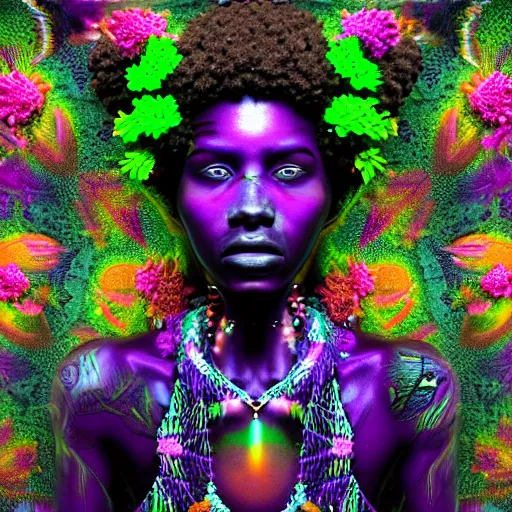 Image similar to an african marijuanna shaman with an afro made of flowers, third eye art art by machina infinitum, complexity from simplicity, rendered in octane, mandelbulb 3 d, ambient occlusion, macro photography, felt!!! texture, tribal, neon! retrowave