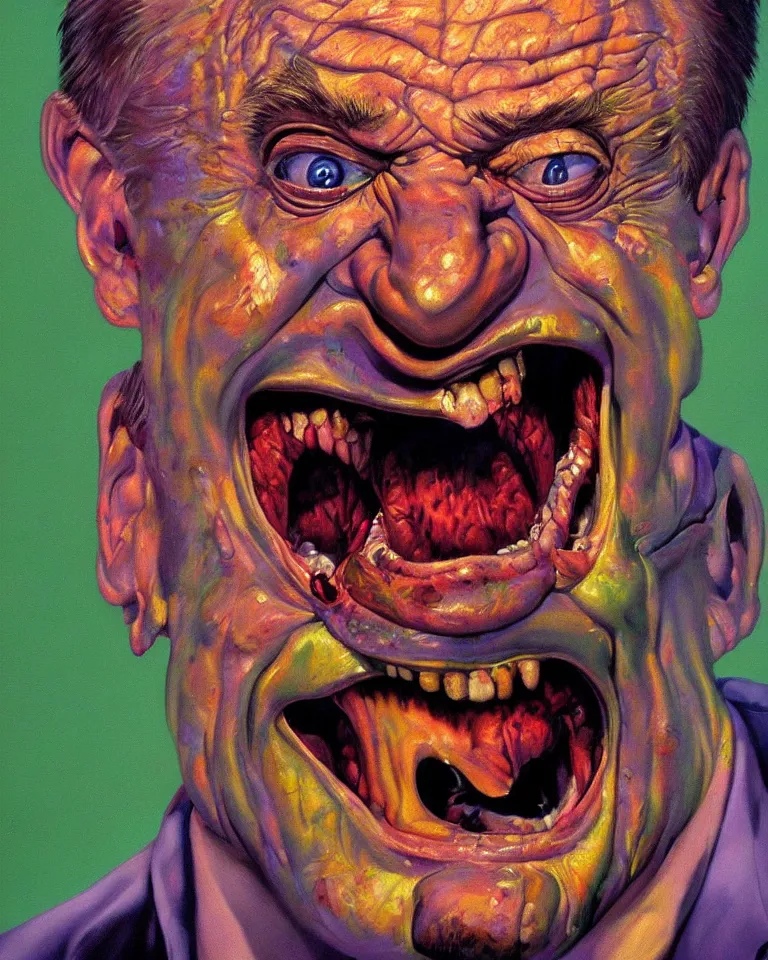 Prompt: hyper realistic painting, head of mark e smith from the fall laughing maniacally, outer glow, by simon bisley, lisa frank, chuck close and richard corben, very intense, depth of field, depth perception, hyperdetailed, rich deep vivid colours, sharp focus, directional lighting