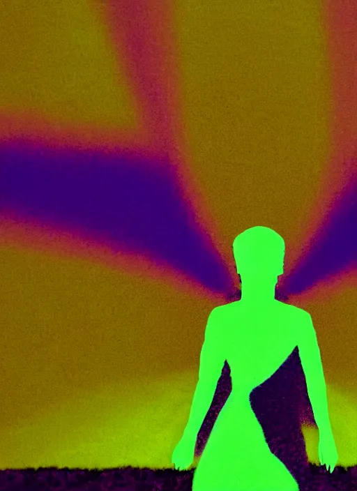 Image similar to a symmetrical female silhouette walking, astral projection, green purple glowing aura, out of body experience, film grain, cinematic lighting, experimental film