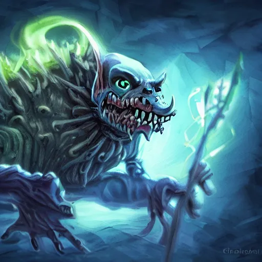 Prompt: a highly detailed goblin with grey skin and blue eyes that glow, like magic the gathering, goblin chainwalker, with wind wiping around it, digital art, by christopher rush