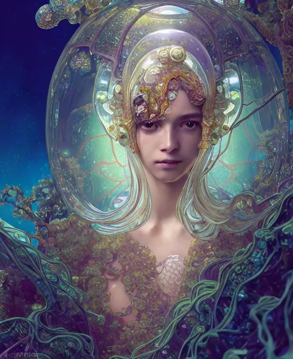 Prompt: intricate ornate opulent transparent clear see - through crystal portrait of a gundam beautiful male alien sea slug, mottled coloring, adorable, childlike, overgrown jungle environment, ultra realistic, concept art, art nouveau, photorealistic, octane render, 8 k, unreal engine. art by christopher marley and artgerm and greg rutkowski and alphonse mucha