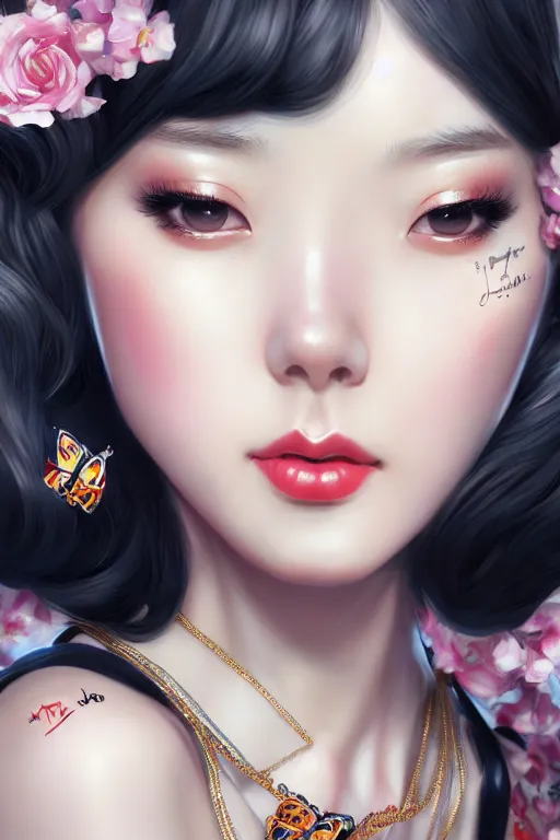 Image similar to a pin up and beautiful fashion and charming and dreamlke japan girl with jewelry, art by artgerm & jeehyung lee & wlop, hyperdetailed, 8 k realistic, lv, dior, symmetrical, frostbite 3 engine, cryengine, dof, trending on artstation, digital art, lv, dior