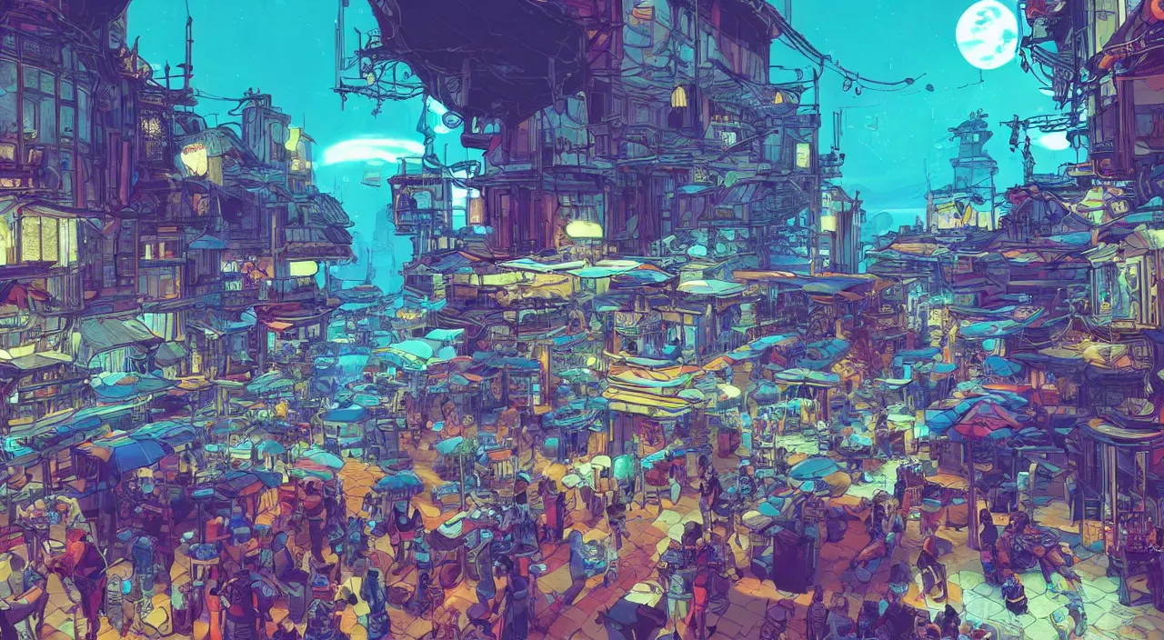 Image similar to bazaar zouk oriantal full color sky shine place mosquet painting stylized digital illustration video game icon global illumination ray tracing that looks like it is from borderlands and by feng zhu and loish and laurie greasley, victo ngai, andreas rocha, john harris